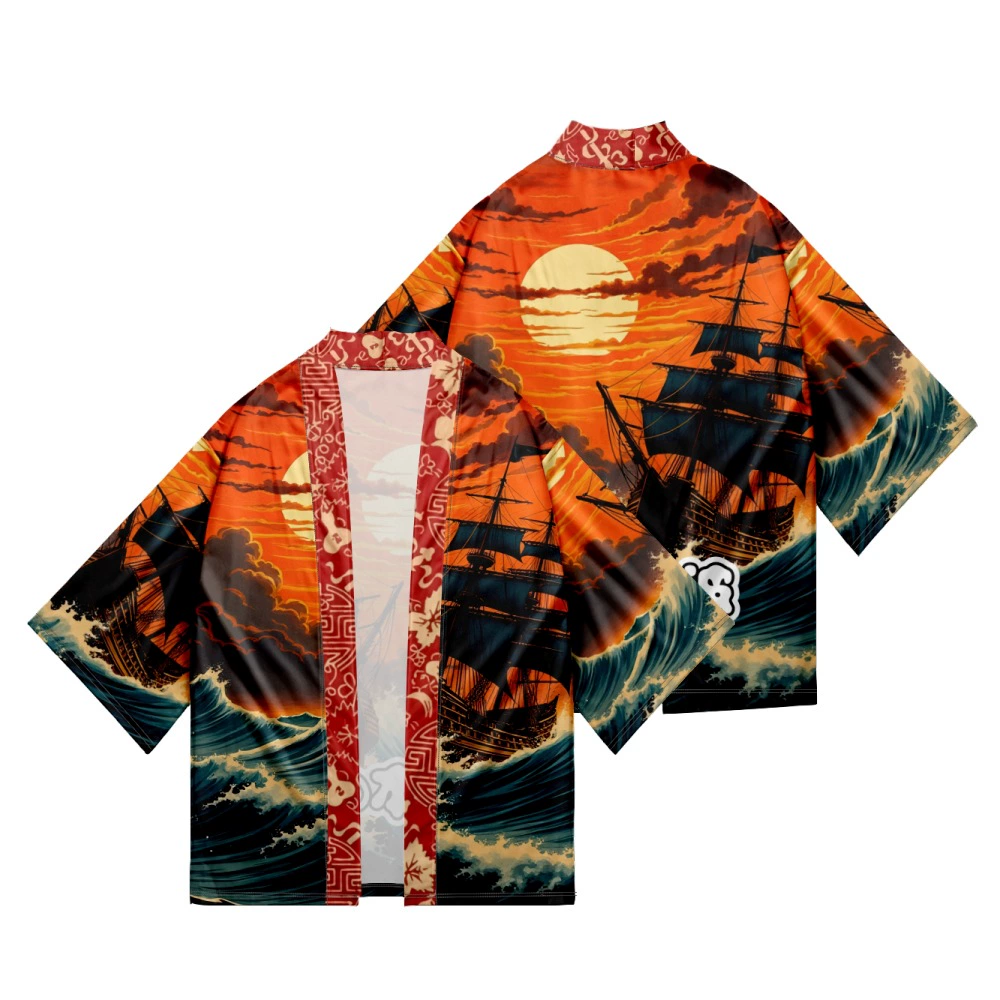 Тенденция Летние кимоно трансграничные морские принты рубашка из семи точек