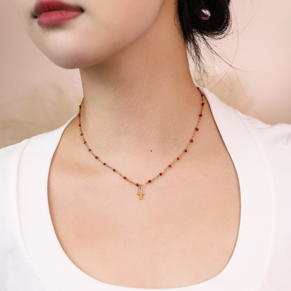 5g Weight Pendant Necklace Classification 1 Piece Quantity Daily, Street Occasion Stainless Steel, Titanium Steel Material Cross Pattern Women's Gender Enamel, Plating Design Simple Style Style Stainless Steel Titanium Steel Simple Style Cross Enamel Plating Pendant Necklace 15