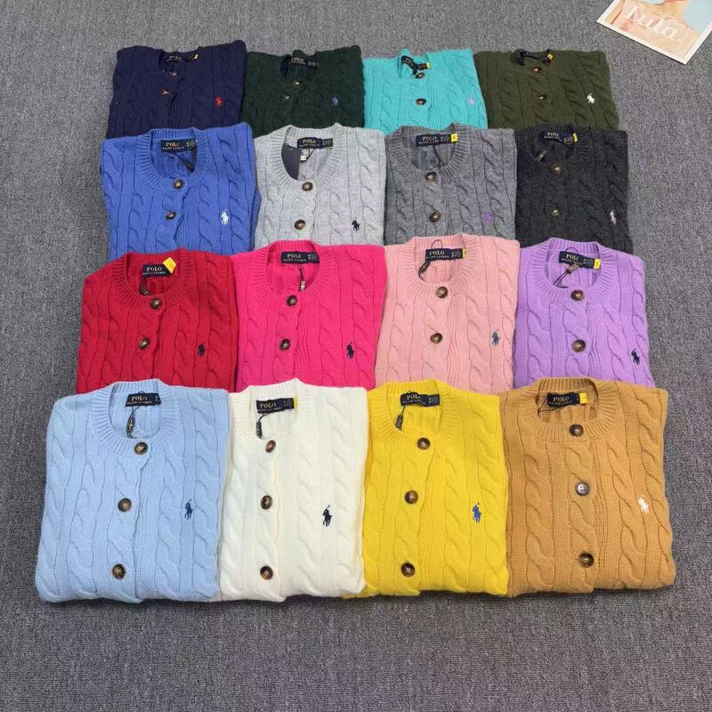 High-Quality Rl~2024 Autumn and Winter Laff Pony Logo Twist Embroider Wool Round Neck Simple Knitted Cardigan Sweater