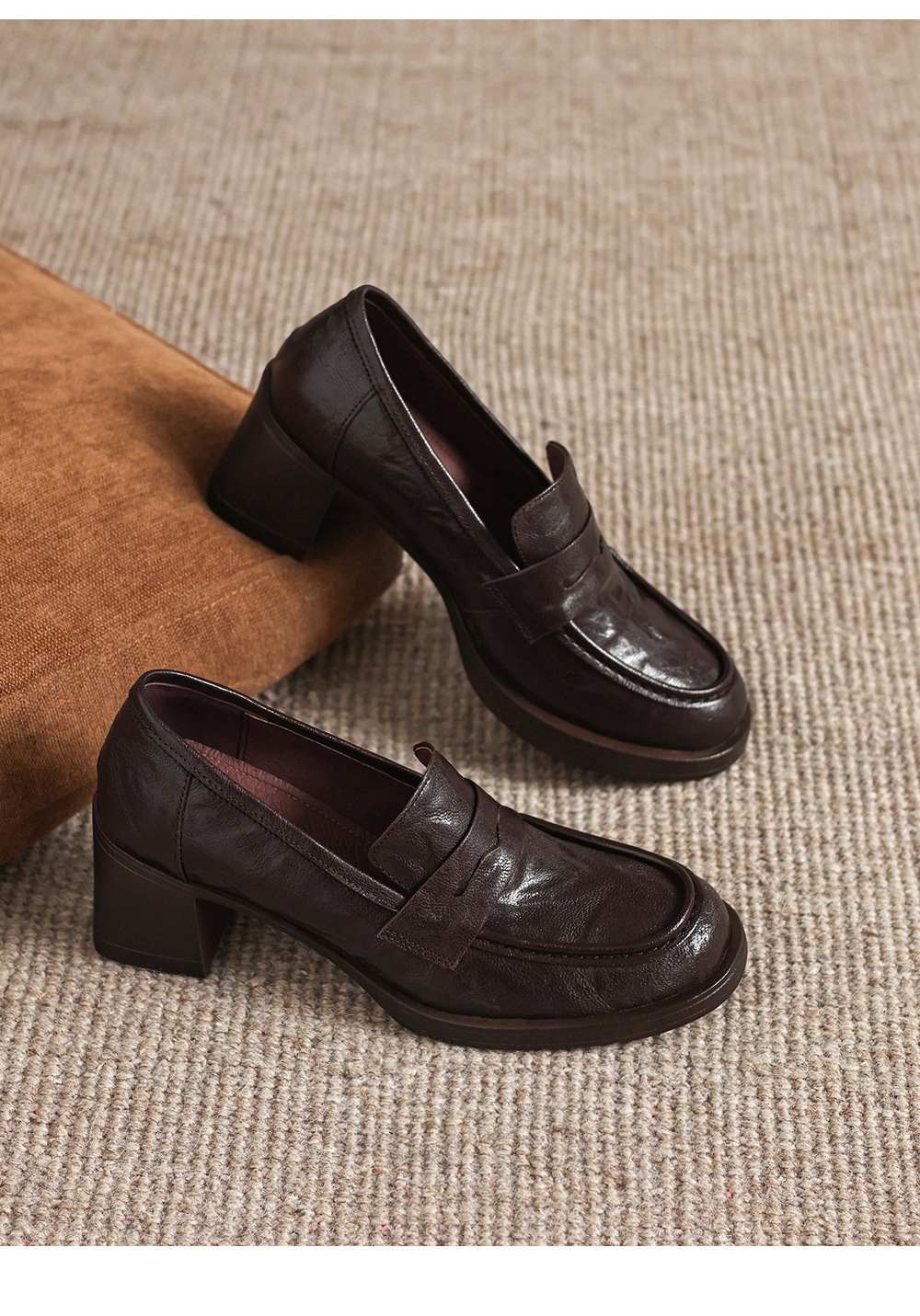 Giày cao gót nữ mũi tròn da dê gót vuông ổn định kiểu loafer — màu nâu chi tiết 18