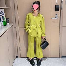 女童套装2024春秋季儿童荷叶边长袖外套喇叭裤两件套穿搭百搭潮