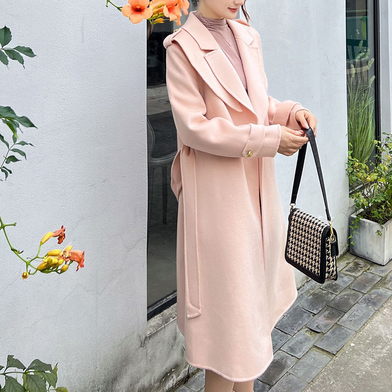 Classic High-End Lace-Up Woolen Coat 2025 Spring & Fall New Style Extended Elegant Casual Outwear Woolen Coat