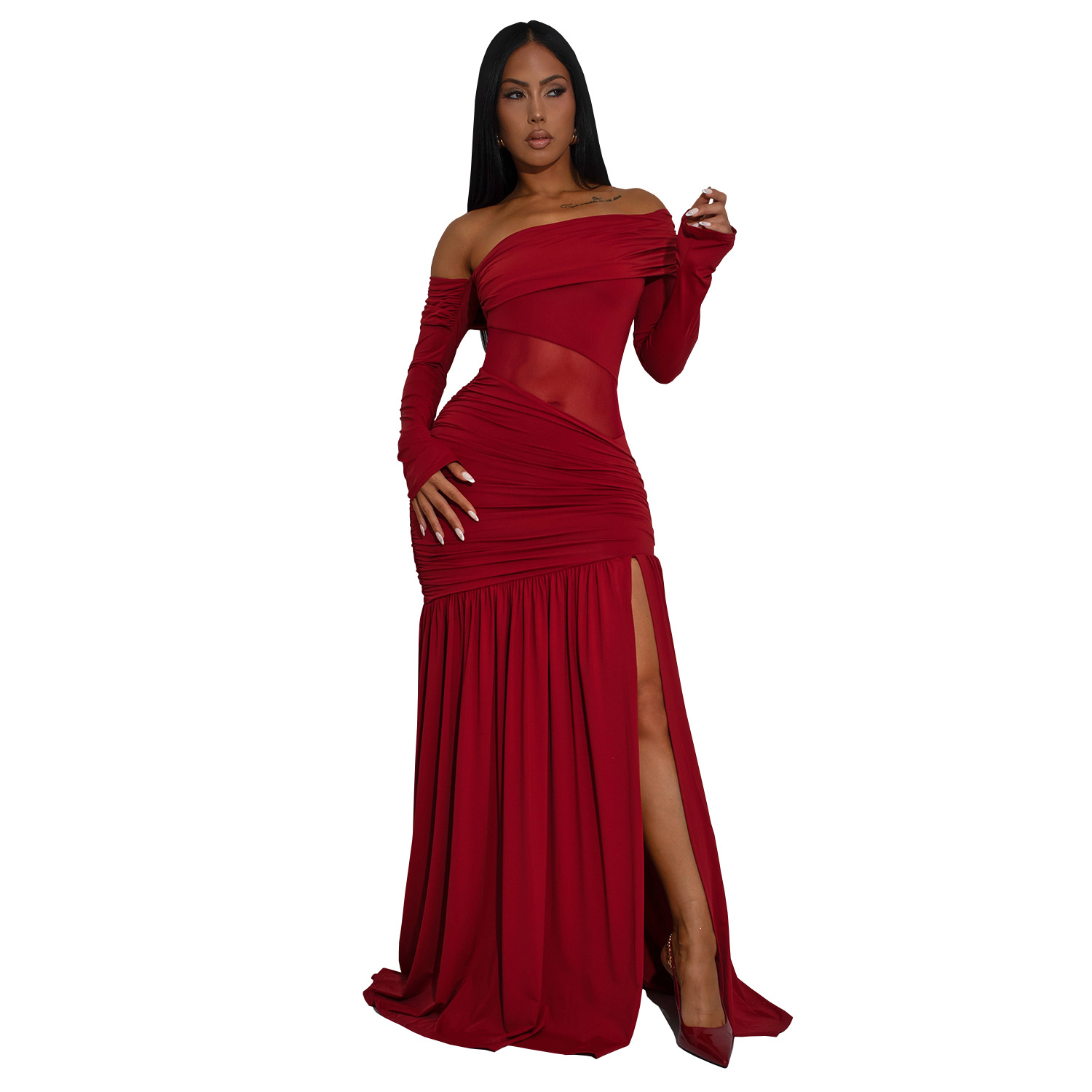 C7561 Aliexpress transfronterizo amazon moda europea y americana sexy vestido de mujer con un pecho transparente para la cena image 8