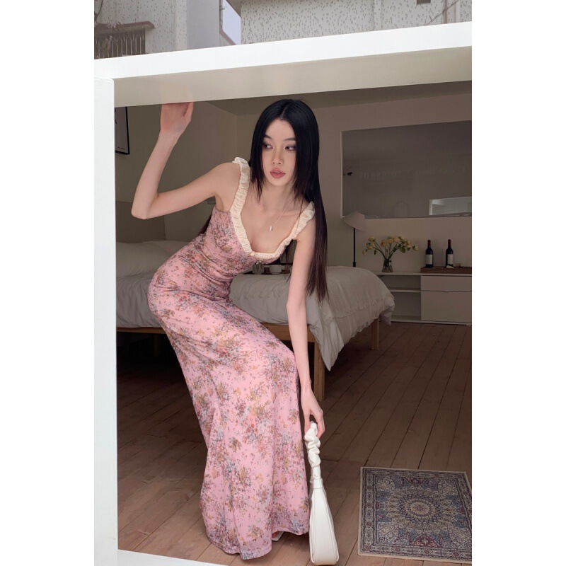 Real shot in stock floral stitching pleated sling dress dress