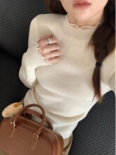 白色木耳边半高领立领内搭打底衫女秋冬季修身毛衣长袖针织衫上衣