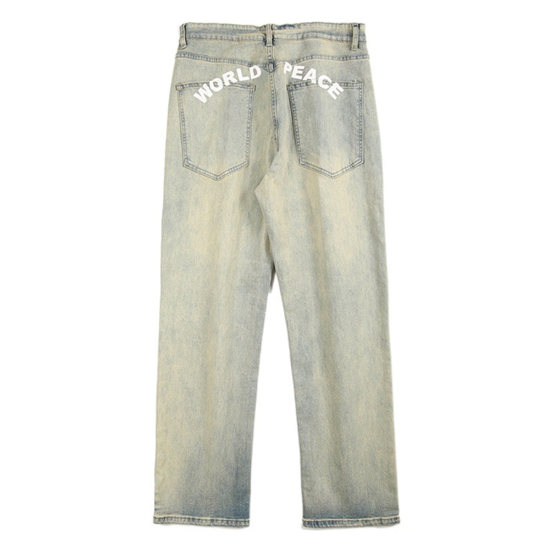 Lktm ropa de hombre # amarillo barro teñido apenado lavado impreso jeans hombres Vibe High Street Europa y América marca moda Pantalones rectos