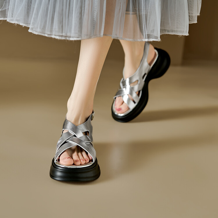 Sandal da cừu đế dày hở ngón tăng chiều cao nữ — Màu bạc, Màu mơ chi tiết 39
