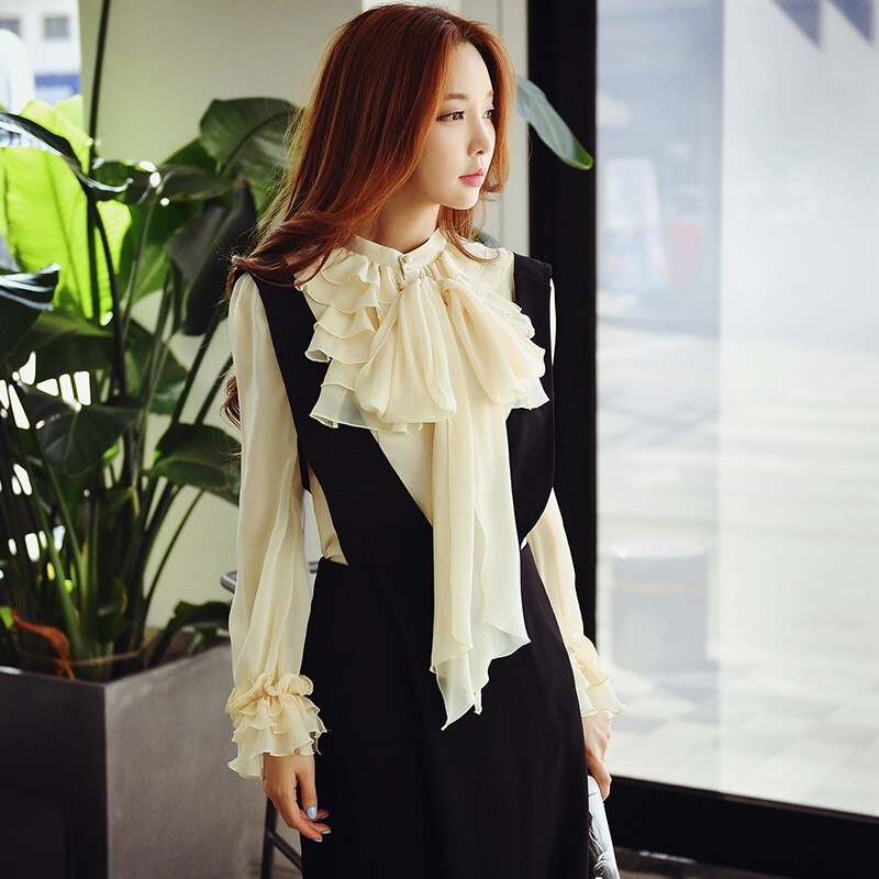 Women's Shirt Strap Pants Two-piece New Women's Long Sleeve Bow Chiffon Shirt Strap Pants Fashion suit