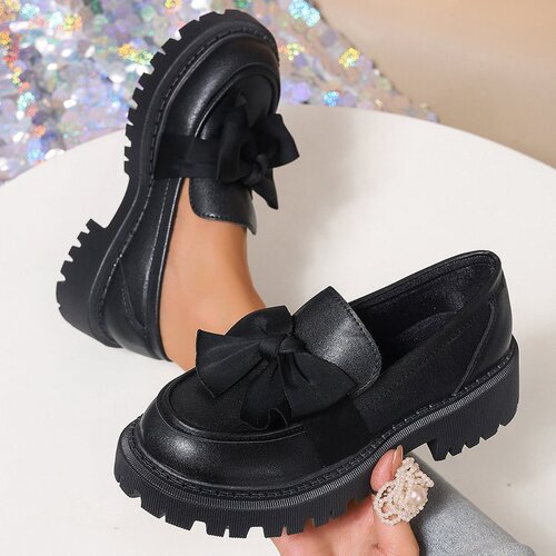 Women's Uncommon Black Loafers with Bow Ties, Thick Sole, Small Leather Shoes, Retro Single Shoes (Size 35-42)