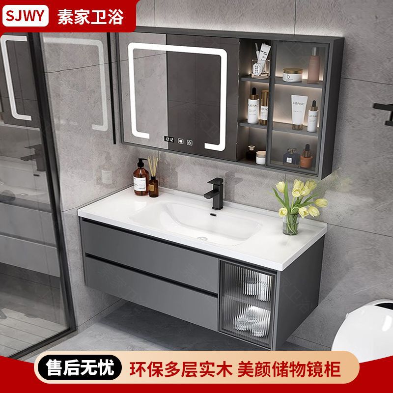 Solid Wood Bathroom Cabinet Ceramic Integrated Basin 2025 Wash Basin Bathroom Sink Full Set Wash Basin Cabinet Combination