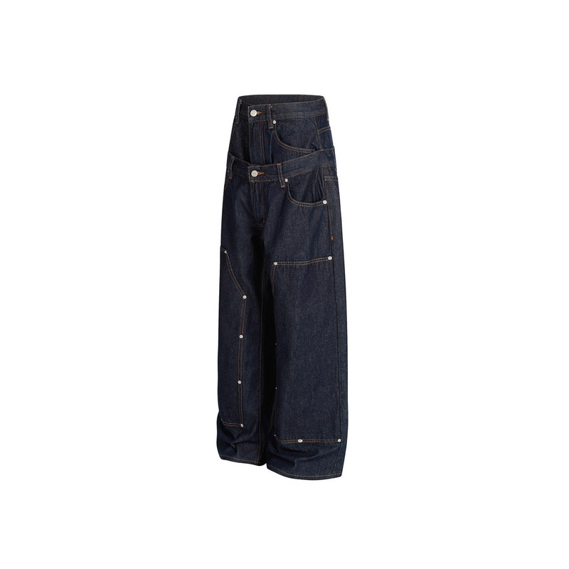 Dc+G6852 American Style Double Waistband Rivet Indigo Blue Texture Raw Denim Logging A-Line Loose Straight Pants for Men
