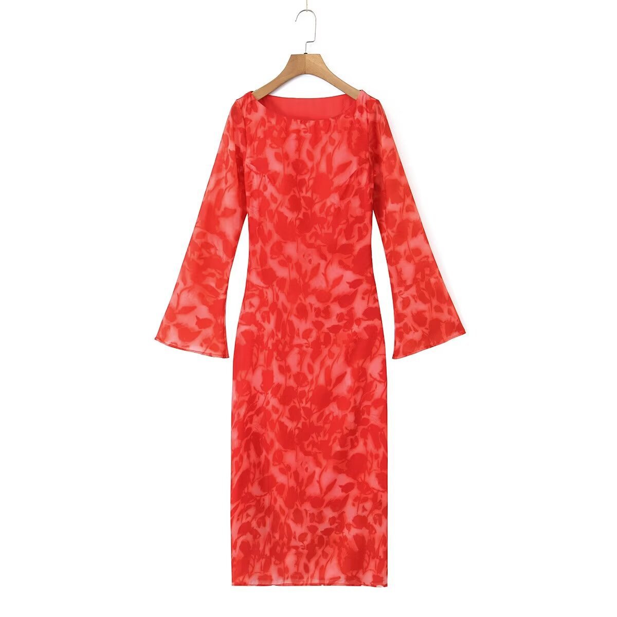 欧美2024夏季时尚新款女装圆领玫瑰印花喇叭袖长袖长款包臀连衣裙