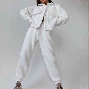 2023 European and American solid color women's fleece jacket top casual trousers suit long sleeve jacket sweater two-piece set
