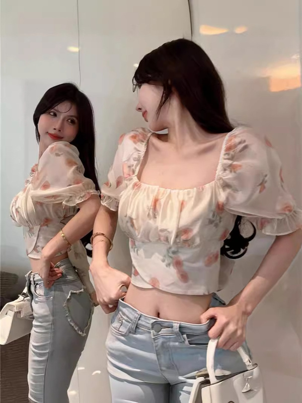 Princess Short Hot Girl Square Collar Printed Light Color New Bell Sleeves Slim Casual French Casual Short-Sleeved Shirt