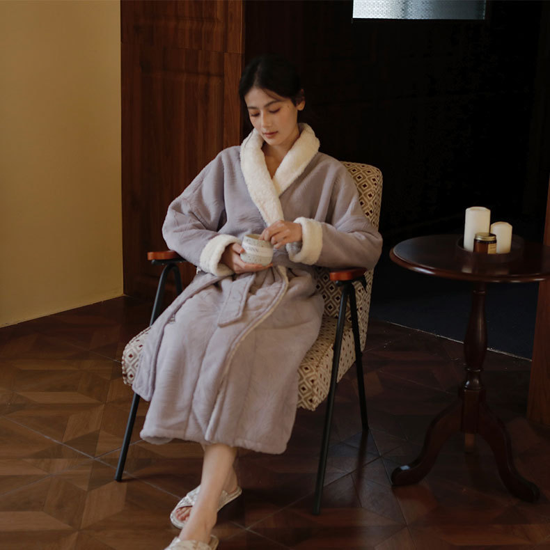 Winter Thickened Milk Velvet Jacquard Fabric Teddy Velvet Composite Velvet Warm Simple Dreamy Purple Nightgown Home Clothes