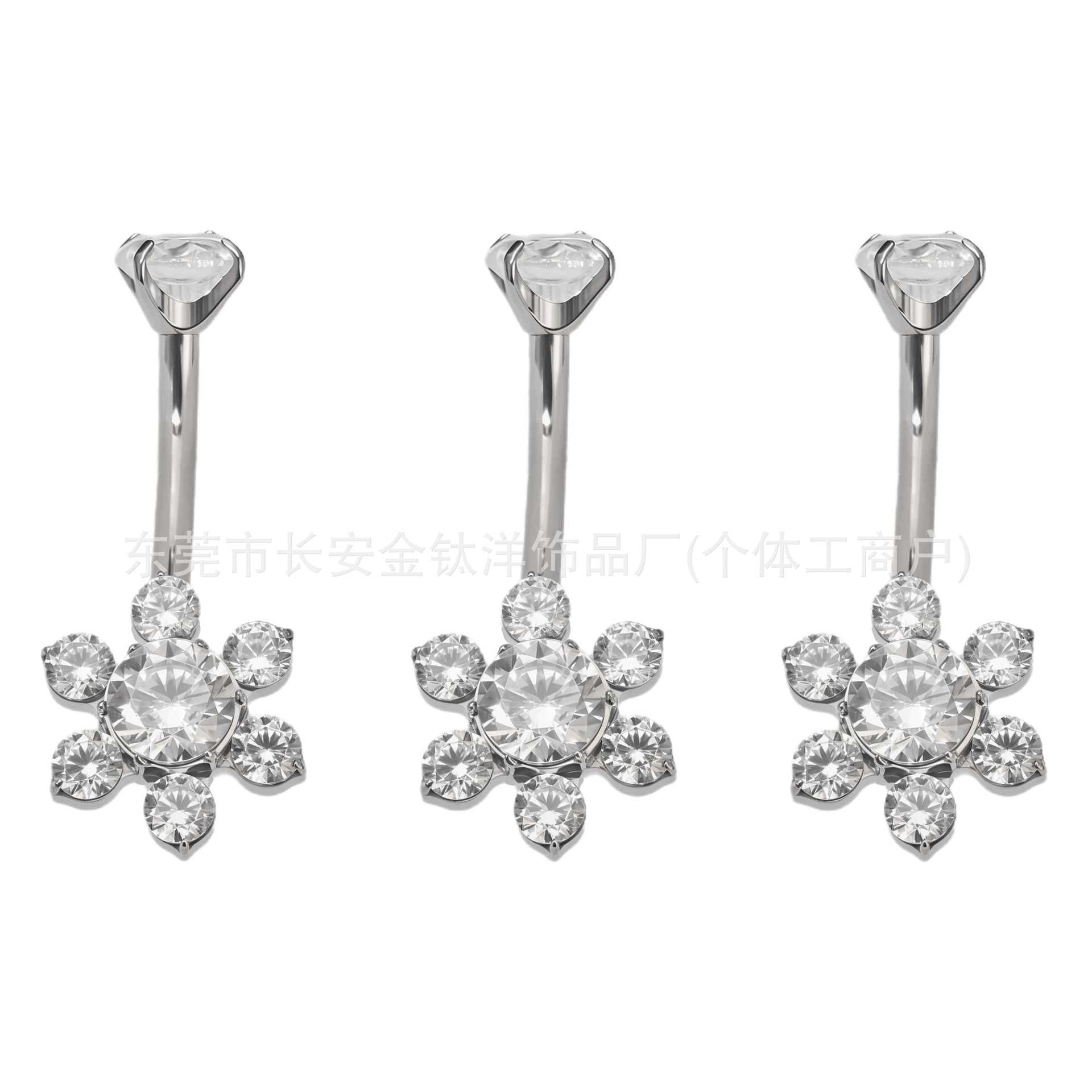 F136 Titanium Internal Thread Six-Leaf Zircon Belly Button Ring - G23 Titanium Alloy Body Piercing Jewelry detail image 5