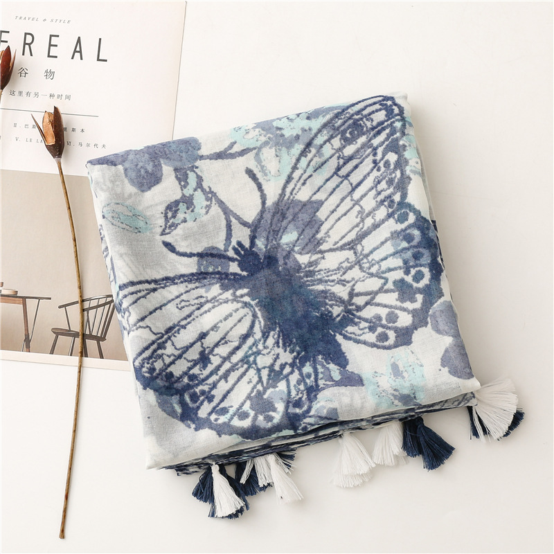 Simple Fashion Scarf Ladies Rendering Ink Painting Blue Butterfly Tassel Scarf Shawl display picture 2