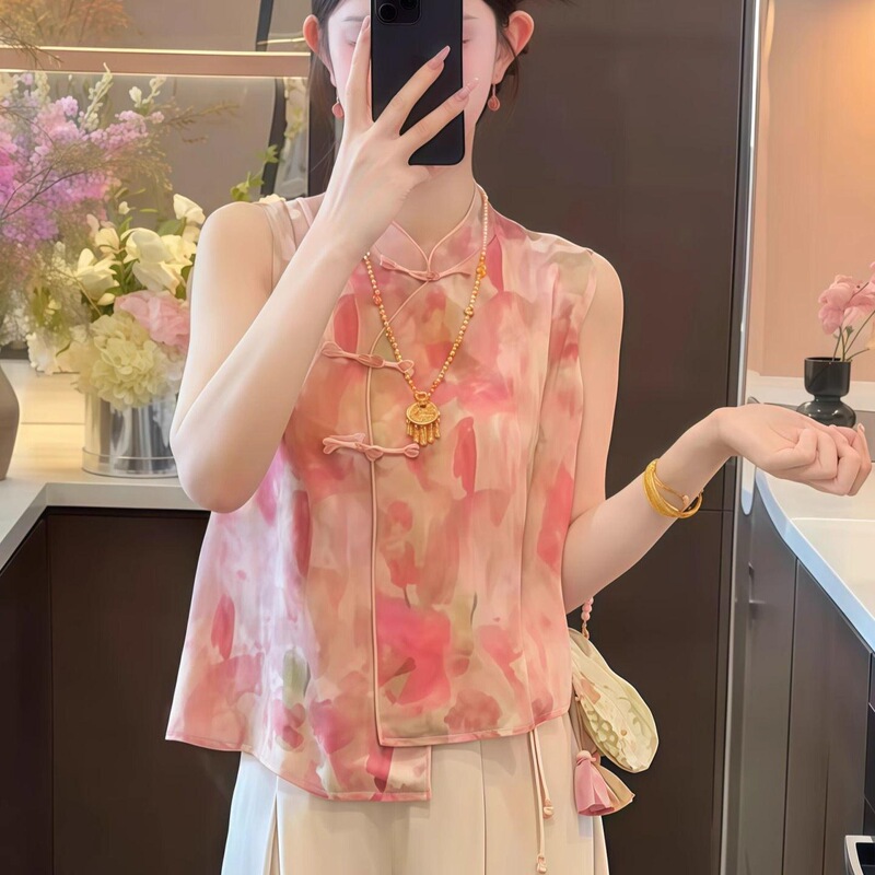 2026 New Style Chinese-Style Beautiful Pink Gradient Sleeveless Asymmetrical Vest Shirt for Women, Daily Wear Short Top for Summer
