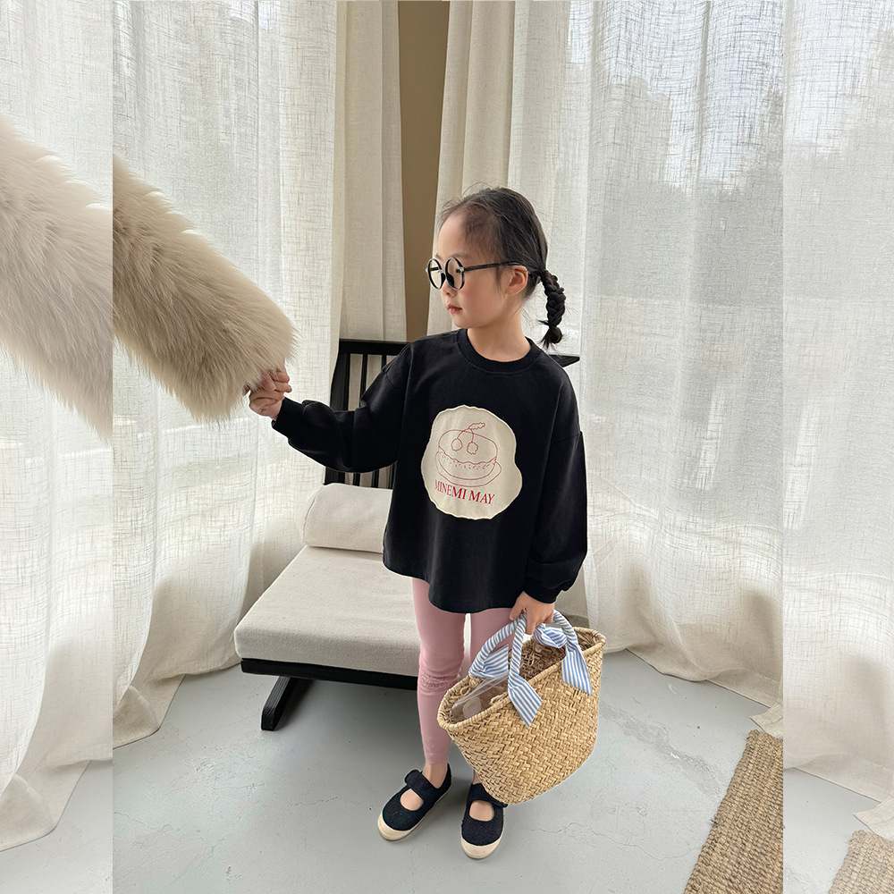 2024 primavera estilo coreano carta de dibujos animados para niños camiseta moda niños y niñas cuello redondo manga larga parche impreso camiseta
