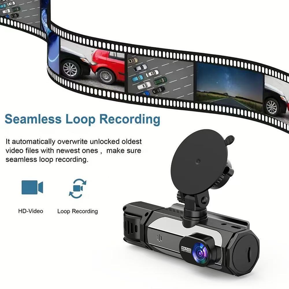 Three-lens dashcam for ride-sharing services with WiFi connectivity, infrared night vision, wide-angle, and in-car synchronized recording