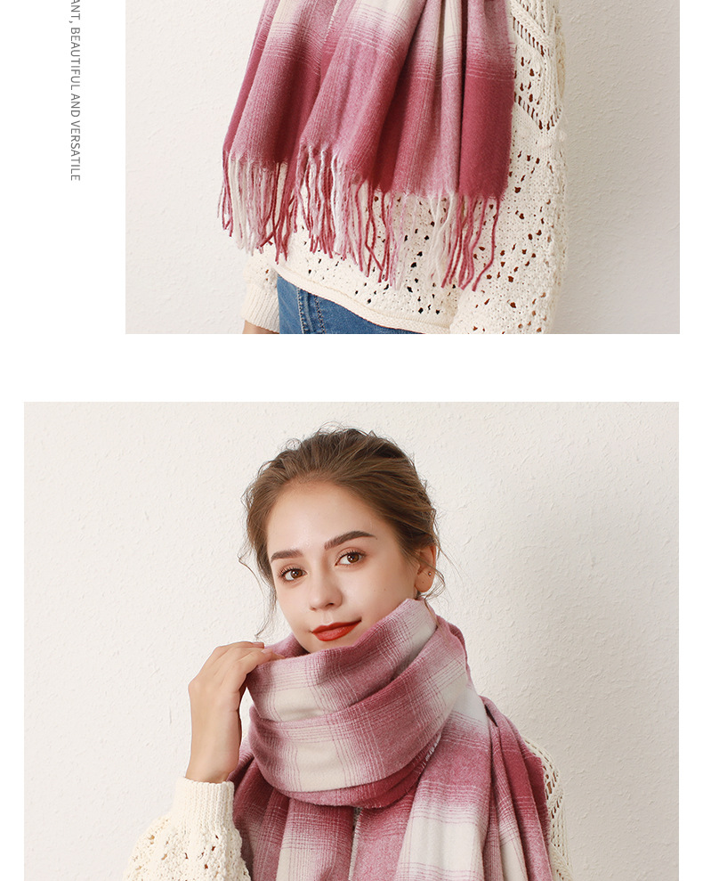 Gradient plaid faux cashmere tassel scarf for women's oversized warm and soft shawl_voghion.com