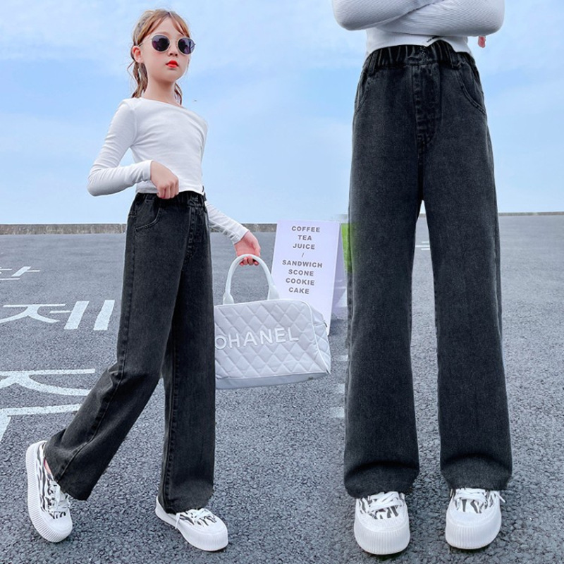 女の子のワークジーンズ春と秋の新しい工場子供服卸売中型および大型子供用ストレートレッグルーズワイドレッグ子供用ズボン|undefined