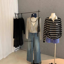 WGWE7603藏蓝色条纹针织衫+吊带背心真两件叠穿套装