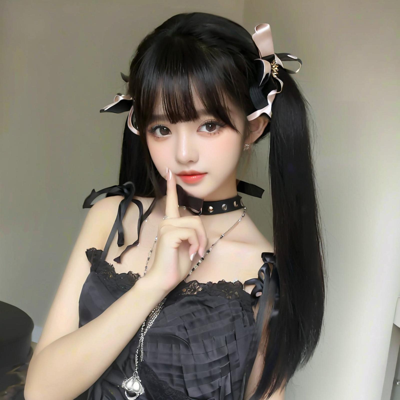 Puntuación más venta en caliente pelucca joven Luo Huang dulce negro largo recto Lolita aire doble cola de caballo cubierta de cabeza