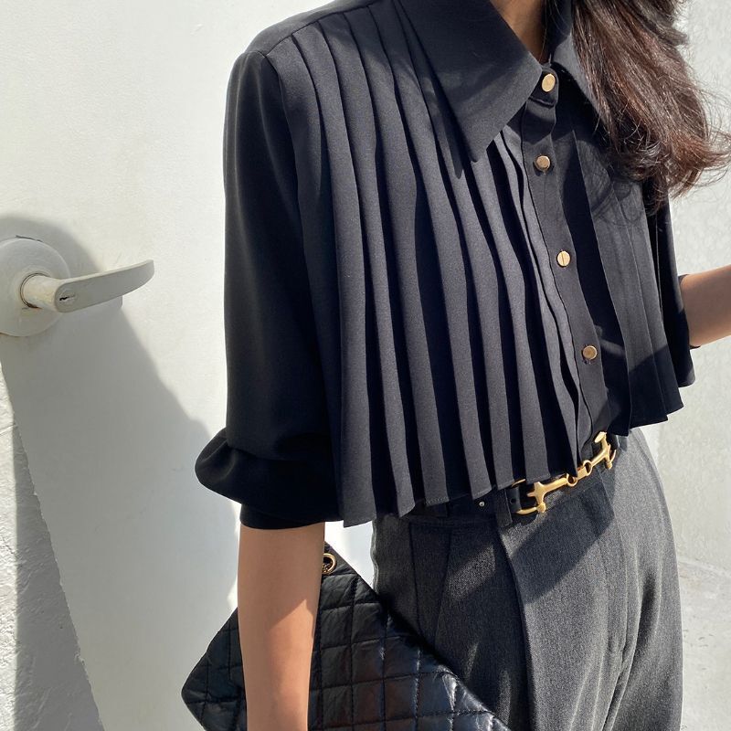 重工小众POLO压褶黑色衬衫女韩版春季设计感短款衬衣高腰百搭上衣|undefined