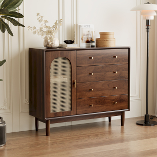 Drawer Cabinet Living Room Storage Cabinet Small Vertical Cabinet Retro Rattan Solid Wood Leg Storage Cabinet Bedroom Wall Storage Cabinet Drawer Cabinet