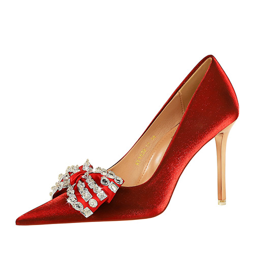 1829-H1 Banquet High Heels European and American Style Stiletto Heels Super High Heels Shallow Mouth Pointed Toe Satin Rhinestone Bow Shoes