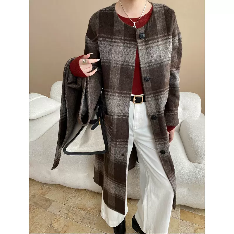 司南 英伦调性 高级感两面穿格纹围巾双面呢羊毛大衣外套 SN8040
