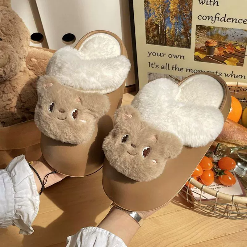 Милый медведь мультяшный хлопчатобумажный тапочки для женского ношения зимой толстая подошва теплая в помещении дома съемная шерстяная хлопчатобумажная обувь для женщин