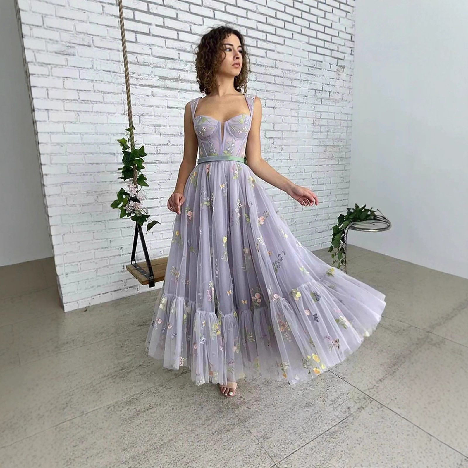 Independent Station Amazon Foreign Trade Mesh Evening Dress European and American 2025 New Banquet Ball Floral Suspender Dress