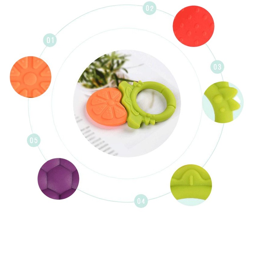 Bebé fruta mordedor bebé mordedor palo de silicona fruta tire anillo fruta y verdura música fruta juguete fábrica al por mayor