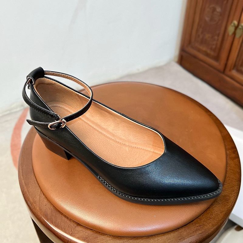 Giày Mary Jane nữ da cừu mũi nhọn gót thô miệng nông — Màu đen chi tiết 20