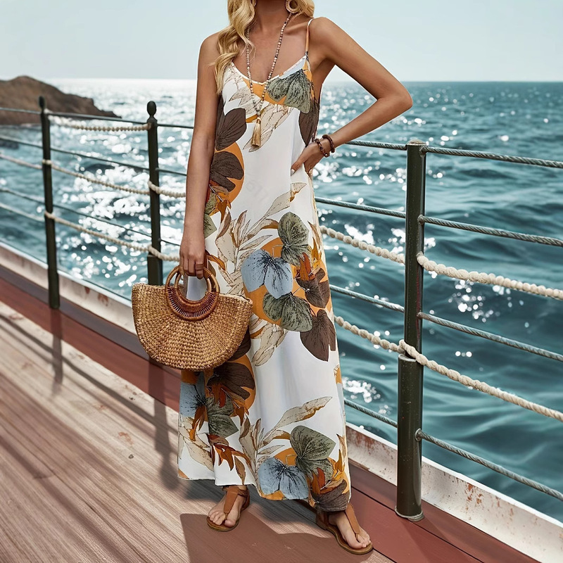 Spot Wholesale European and American Amazon New Women's Clothing Hot-Selling Double Sleeveless Slit Printed Long Suspender Dress