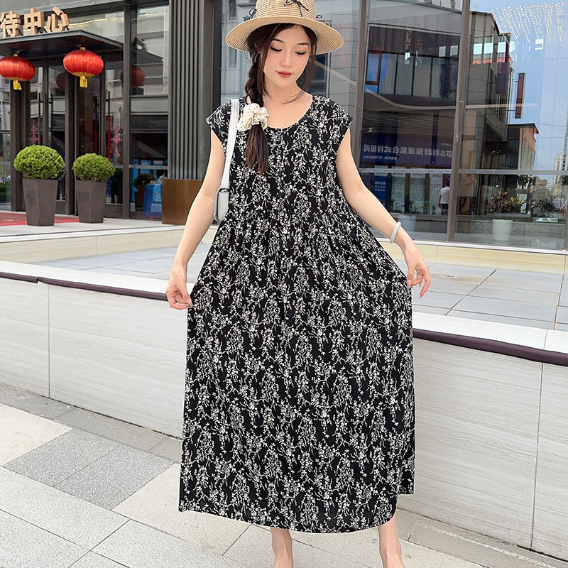 Cotton Silk Dress 2025 Summer New Sleeveless Vest Dress Thin Floral Dress Artificial Cotton Fashion Outer Long Dress