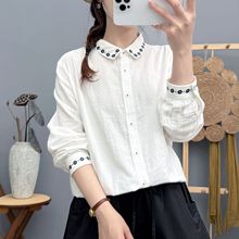 2025年秋装新款 纯棉双层棉纱衬衫女领子刺绣文艺范宽松显瘦衬衣