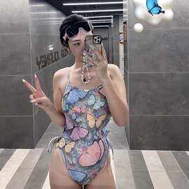 厂家直销比基尼泳衣女高级竞速专业修身性感遮肉显瘦蝴蝶烫金温泉