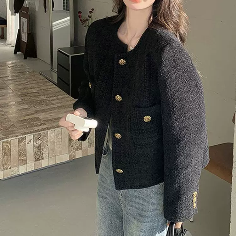 黑色法式小香风外套女2025春秋新款高级感粗花呢气质短款夹克上衣