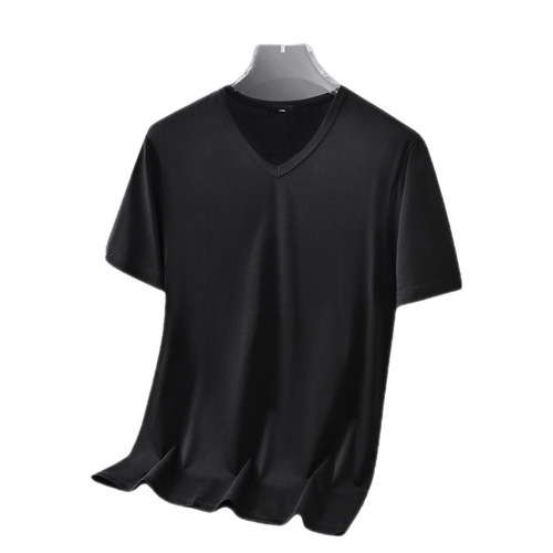 Men's Summer Thin Modal Ice Silk V-Neck Pure Black Solid Color Quick-Dry Short Sleeve T-Shirt