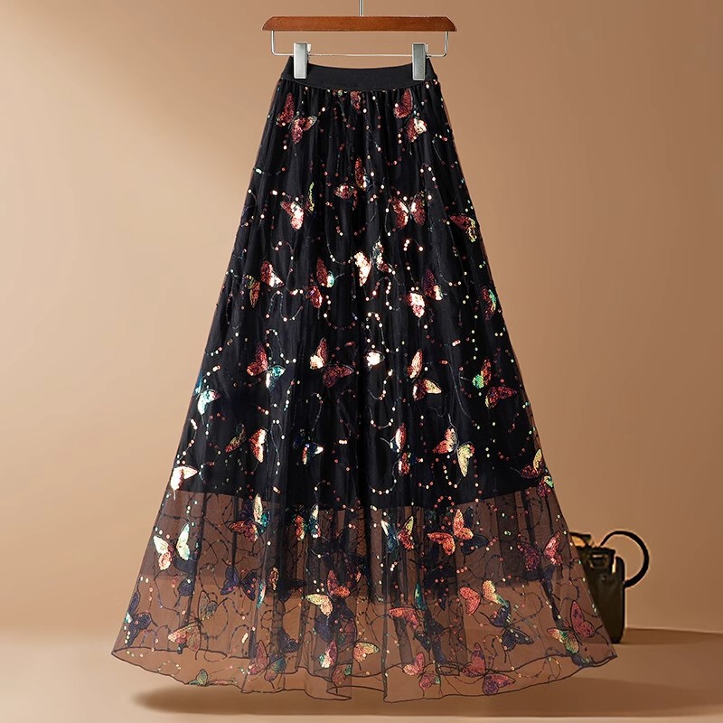 All-Match Sequin Butterfly Skirt Skirt 2025 Spring New High Waist A- Line Skirt Dipped Mid-Length Mesh Fairy Skirt