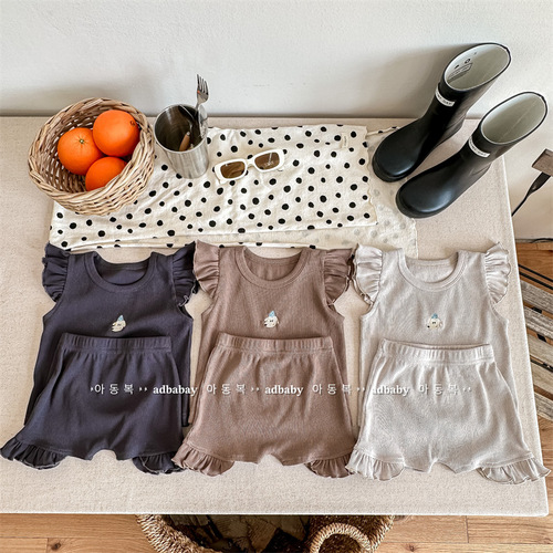 2024 Korean children's clothing summer new Korean style two-piece set girls lace sleeve vest + shorts 123219