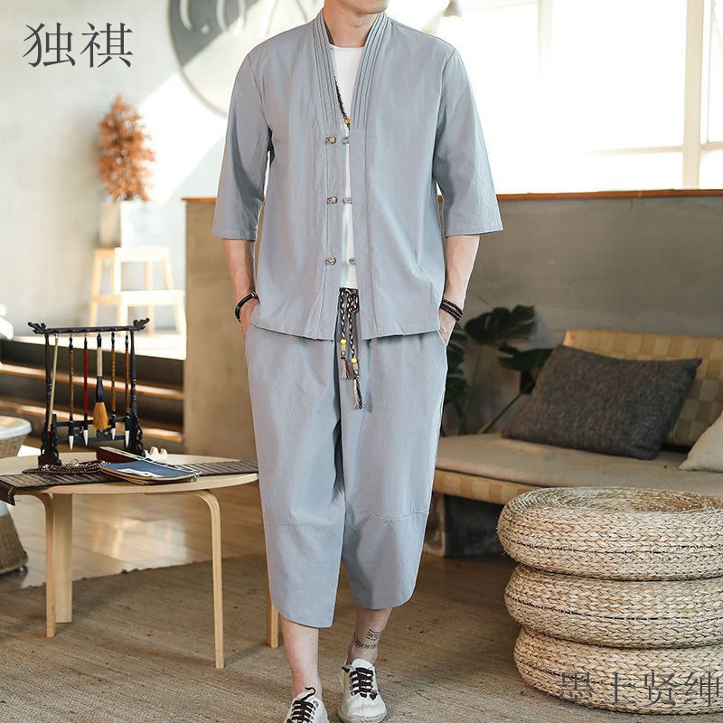 Men's Chinese Style Cotton Linen Loose-fitting Tang Suit with Three-Quarter Sleeves and Three-Quarter Pants, Tang Suit Tea Dress, Ancient Style Zen Meditation Suit
