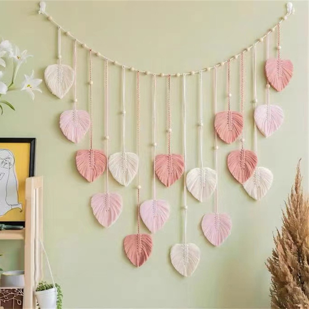 INS Cuerda de algodón bohemia, cuentas de madera tejidas a mano, hojas, fotos, adornos de pared, tapices, borlas, colgantes de pared