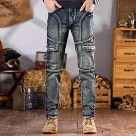 跨境多口袋拼接机车牛仔裤男装潮牌复古秋冬外贸新款修身个性裤子