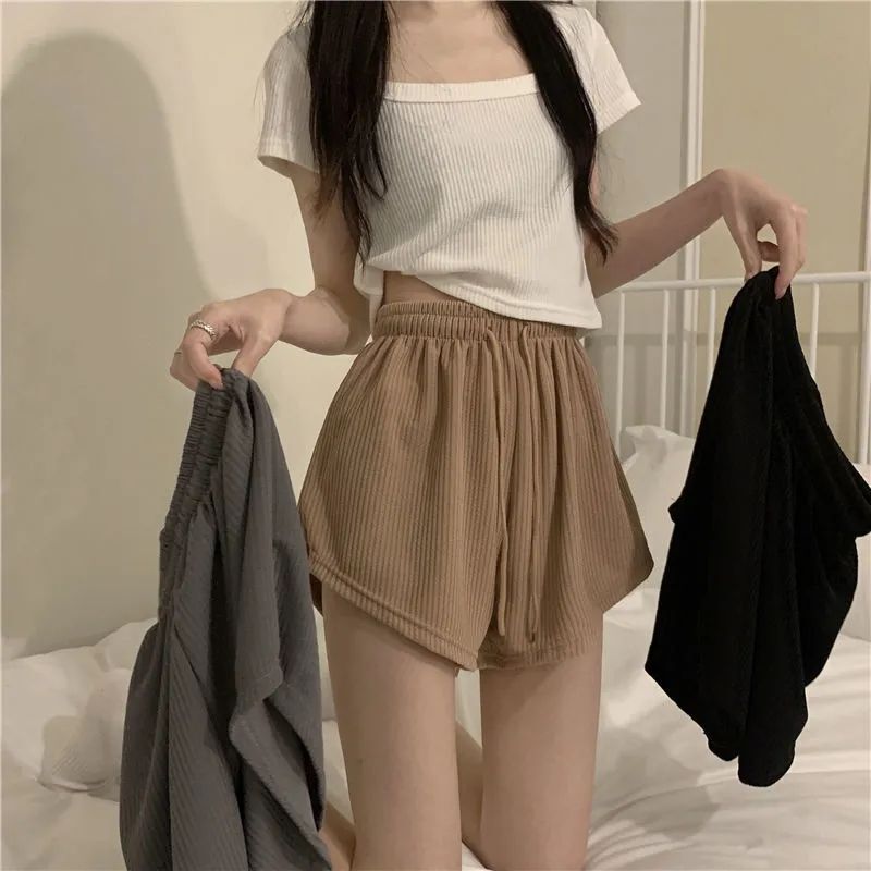 Drawstring Black Casual Pants for Women, Summer 2026 New Style, Loose Fit, Slimming Straight Wide-Leg Pants, Trendy Sports Shorts