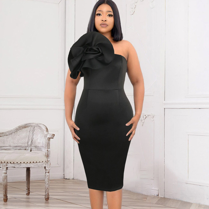Women black wine prom party dress Sexy One Shoulder Sleeveless Flower High Waist Slim singers bar nightclub Dress Women black wine prom party dress Sexy One Shoulder Sleeveless Flower High Waist Slim singers bar nightclub Dress