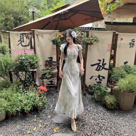 夏季新款典雅荷叶边碎花雪纺高级感甜美碎花连衣裙海边度假风现货